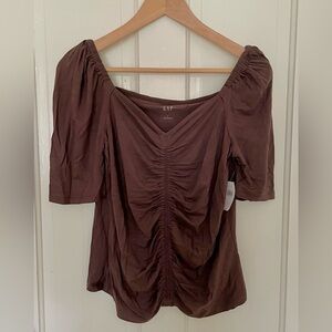 NWT GAP Women's Brown Ruched Sweetheart Elbow Sleeve Top